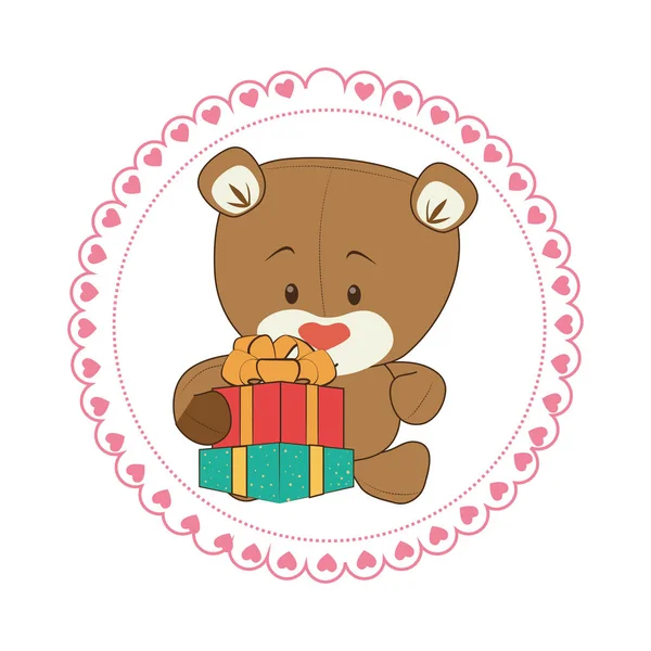 Color circular frame with teddy bear and gift box — Stock Vector