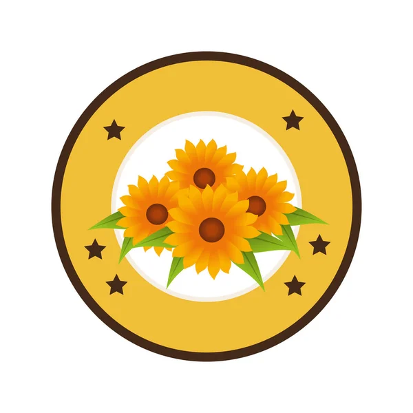 Kleurrijke cirkelvormige rand met zonnebloemen en decoratieve sterren — Stockvector