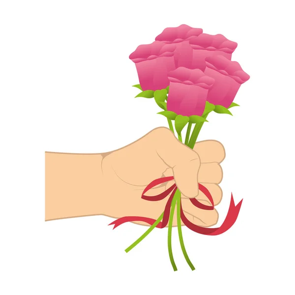 Hand met een boeket rozen met lint tape — Stockvector