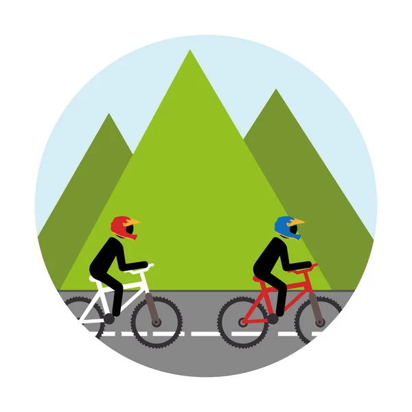 Colorful circular landscape with men ride bike — Stock Vector