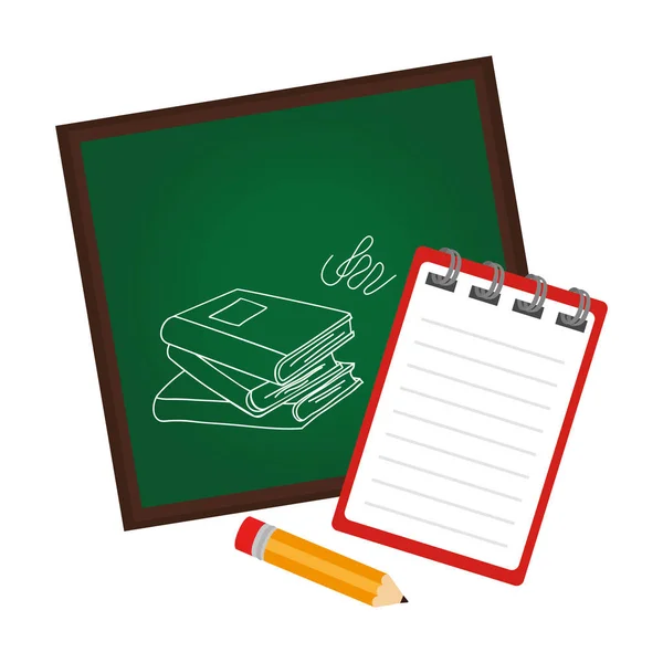 Escola de bordo com caderno e lápis —  Vetores de Stock