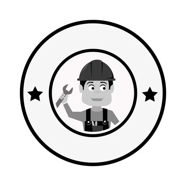 Grayscale circular frame with engineer with helmet and wrench — Stock Vector