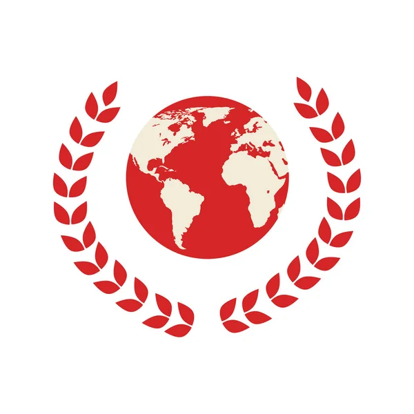 Emblema monocromatico del mondo mappa con corona di ulivo — Vettoriale Stock