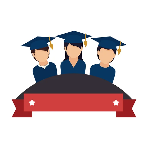 Emblema colorato con nastro e studenti laureati — Vettoriale Stock