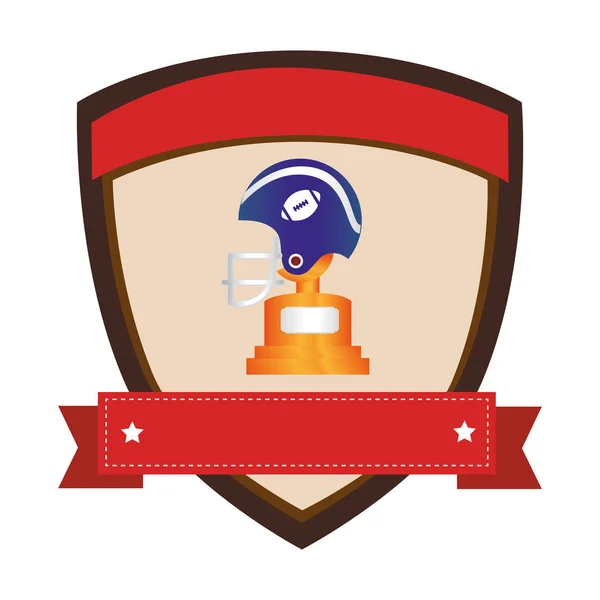 Embleem van het schild met kant weergave Amerikaans voetbal helm en Trophy Cup met plaat — Stockvector