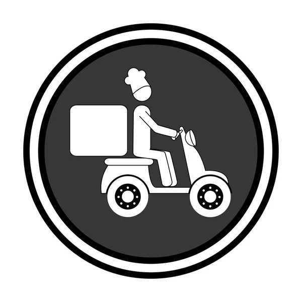 Emblema circular monocromático com homem de entrega em scooter — Vetor de Stock