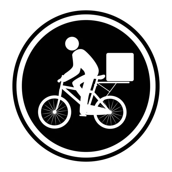 Monochromes kreisförmiges Emblem mit Zusteller im Fahrrad — Stockvektor