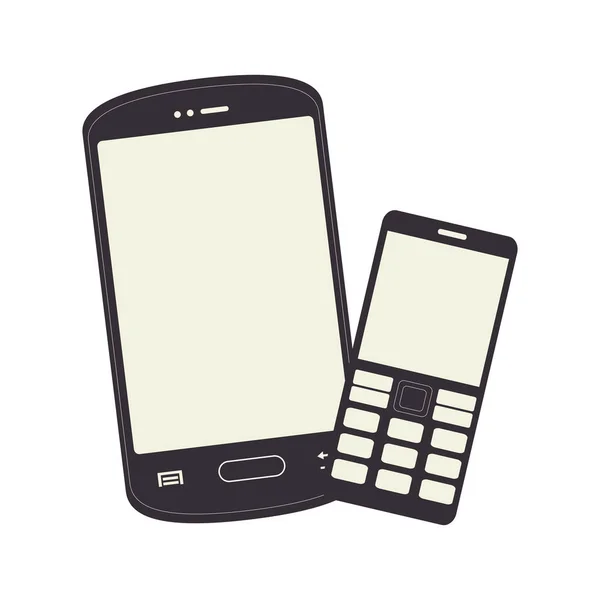 Silhouette monocromatica con smartphone e cellulare — Vettoriale Stock