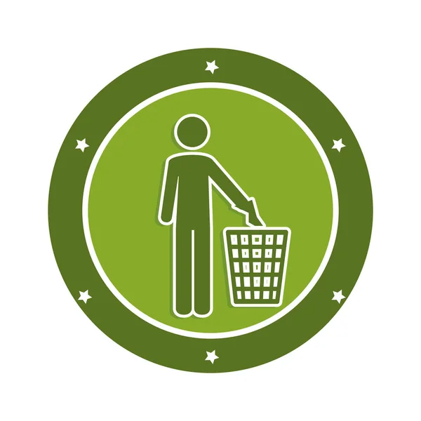 Cor emblema circular com homem e recipiente de lixo —  Vetores de Stock