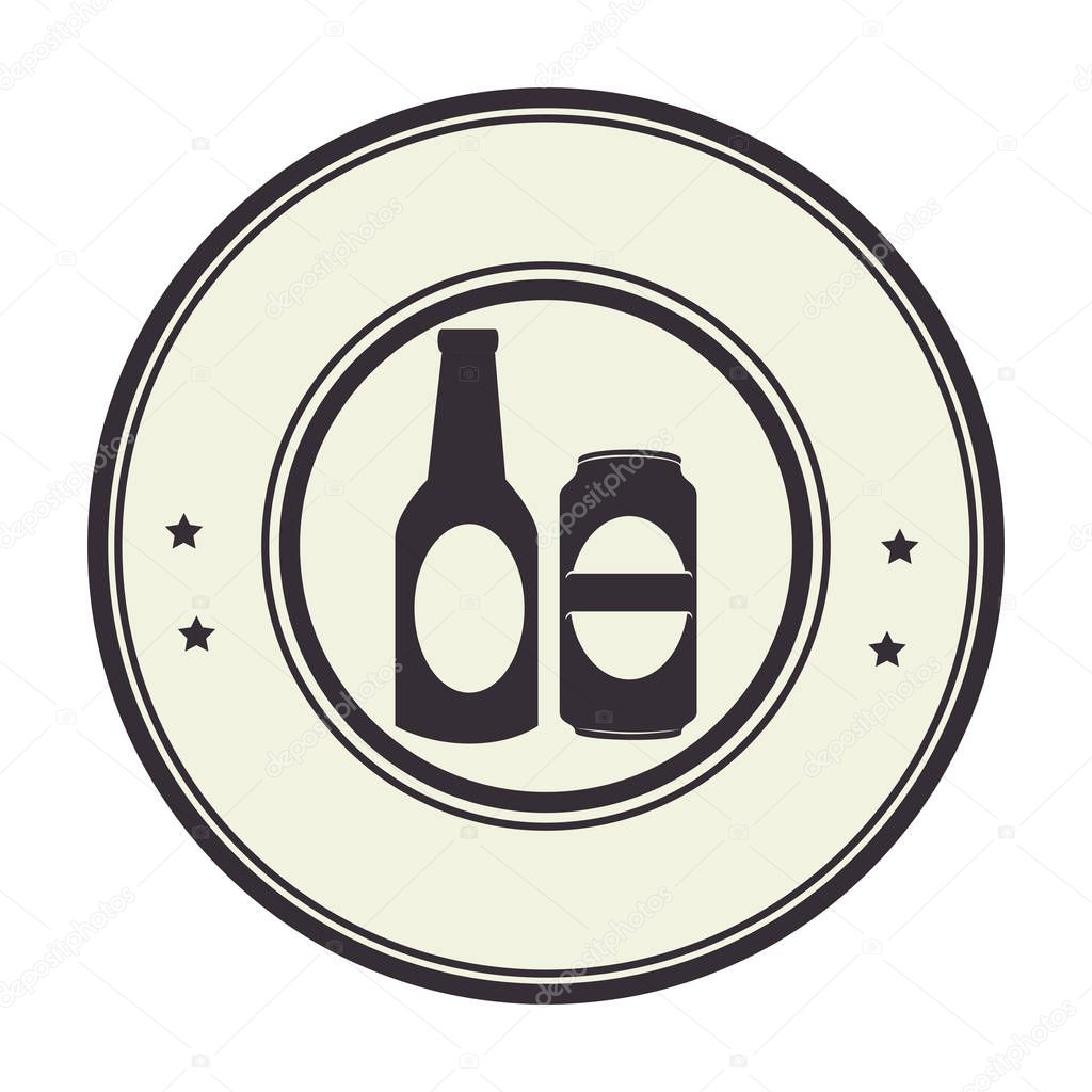 Monochrome circular frame with beer bottle and canned beer vector illustration