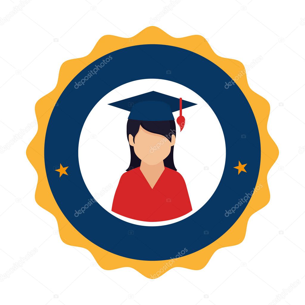 colorful circular emblem with woman with graduation hat