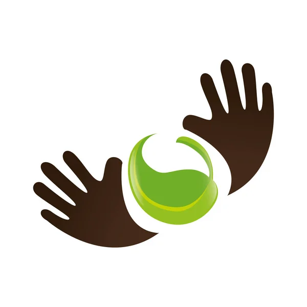 Manos humanas con hojas símbolo de ecología vegetal — Vector de stock