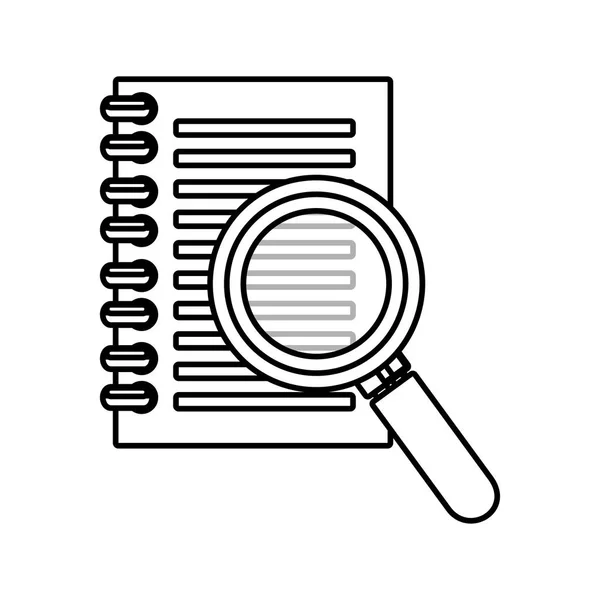 Escola notebook com ícone de fornecimento de lupa — Vetor de Stock