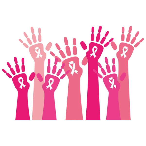 Hands human with ribbon pink breast cancer — Stock Vector