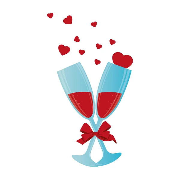 Tasses à vin avec des coeurs amour carte romantique — Image vectorielle