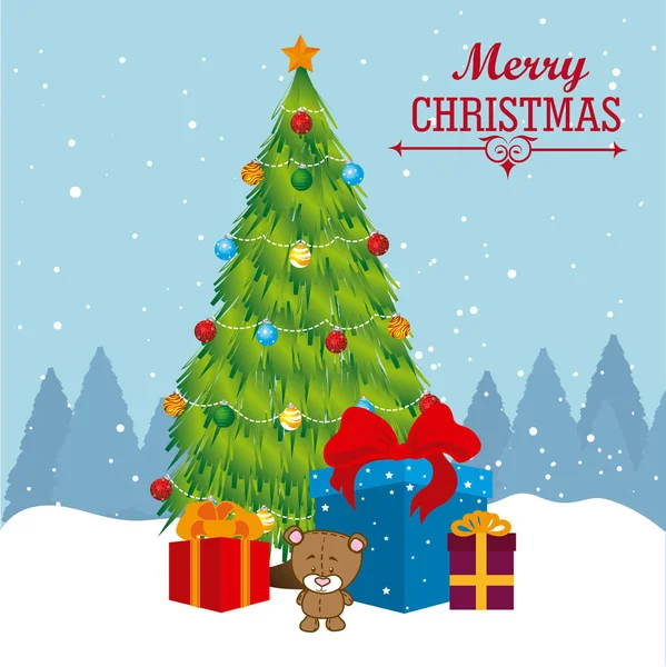 Merry Christmas design over landscape background vector อิลลูมิเนชั่น — ภาพเวกเตอร์สต็อก