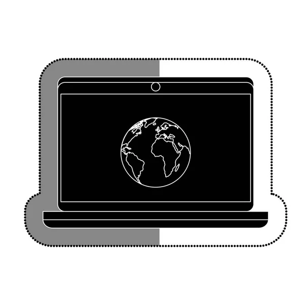 Laptop computer with world planet isolated icon — Stock Vector