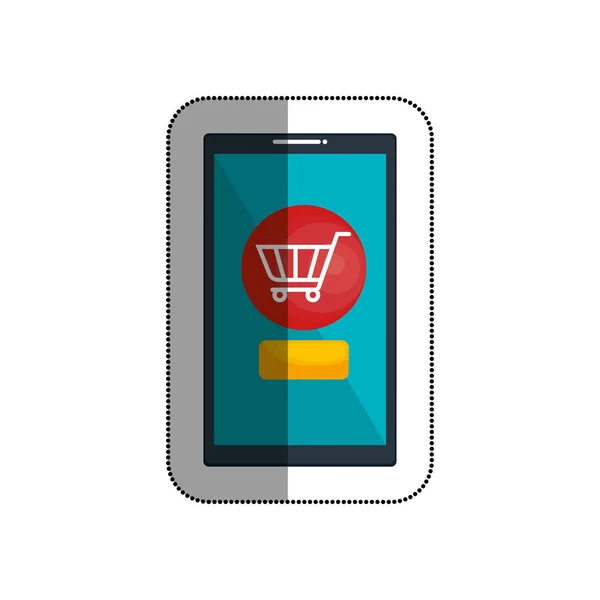 Smartphone met winkelen winkelwagen geïsoleerde pictogram — Stockvector