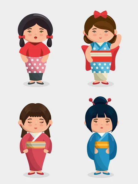 Mignon japonais filles groupe kawaii style — Image vectorielle