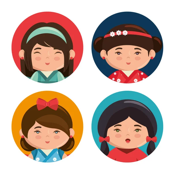 Mignon japonais filles groupe kawaii style — Image vectorielle