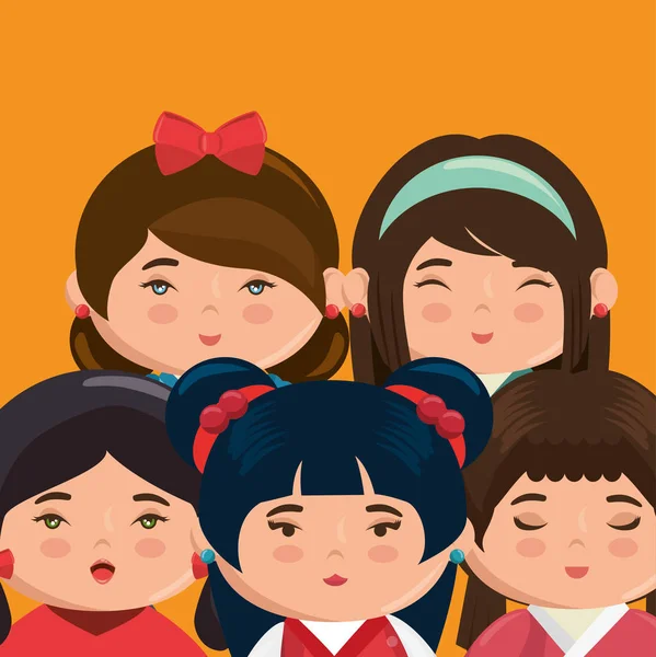 Lindo japonés niñas grupo kawaii estilo — Archivo Imágenes Vectoriales