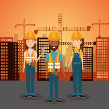 profesyonel inşaat insanların karakterleri ile cityscape arka plan