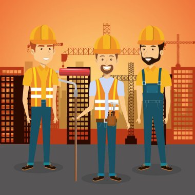 profesyonel inşaat insanların karakterleri ile cityscape arka plan