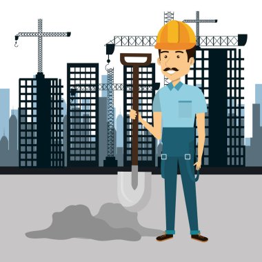 profesyonel inşaat adam karakteri ile cityscape arka plan