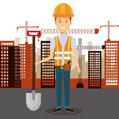 profesyonel inşaat adam karakteri ile cityscape arka plan