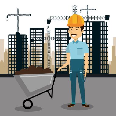 profesyonel inşaat adam karakteri ile cityscape arka plan