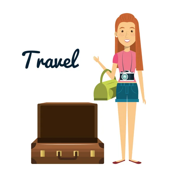 Personnage de femme avec voyage valise — Image vectorielle