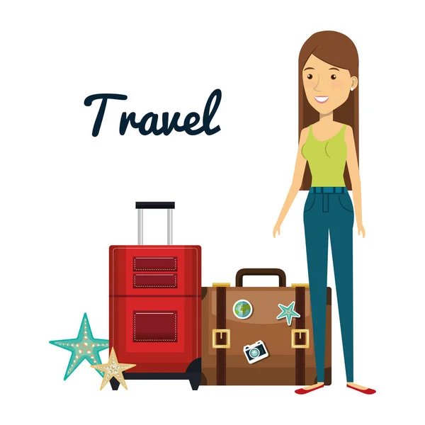 Personnage de femme avec voyage valise — Image vectorielle