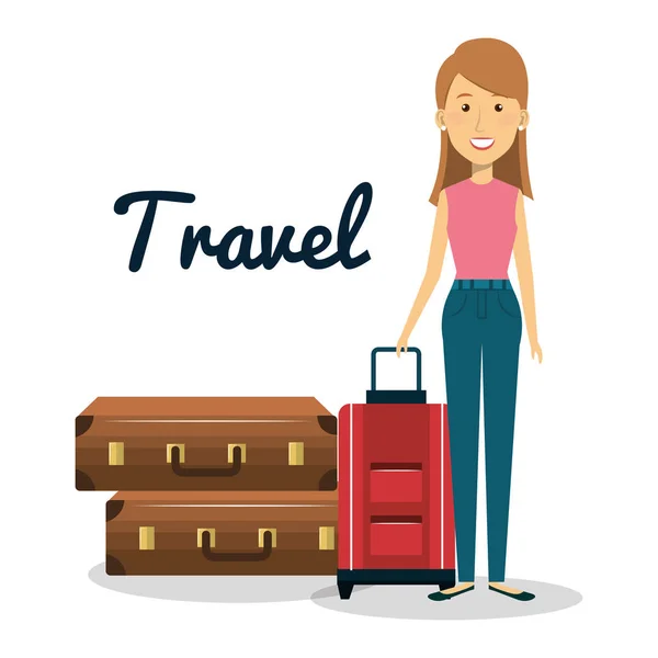 Kadın karakteri bavul seyahat ile — Stok Vektör