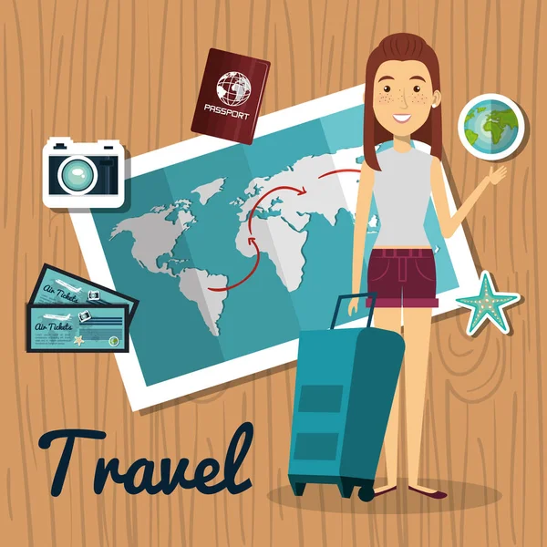 Personnage de femme avec voyage valise — Image vectorielle