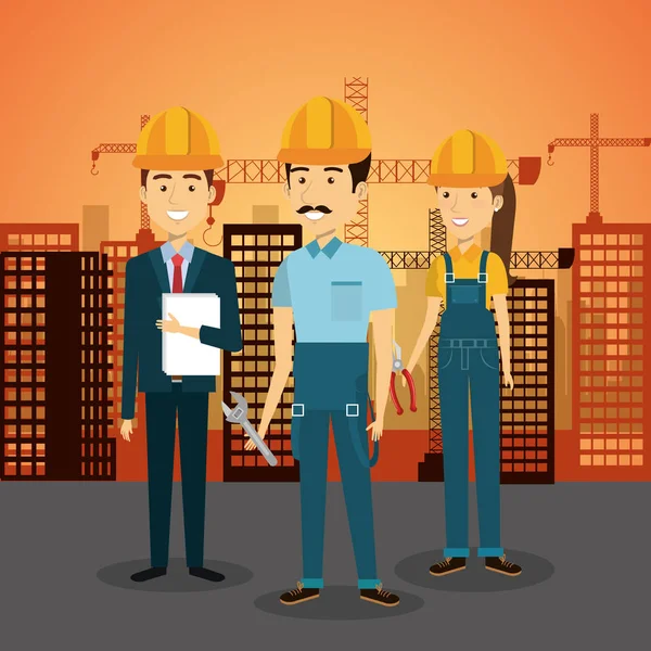 Construction professionnelle personnages personnages avec arrière-plan paysage urbain — Image vectorielle