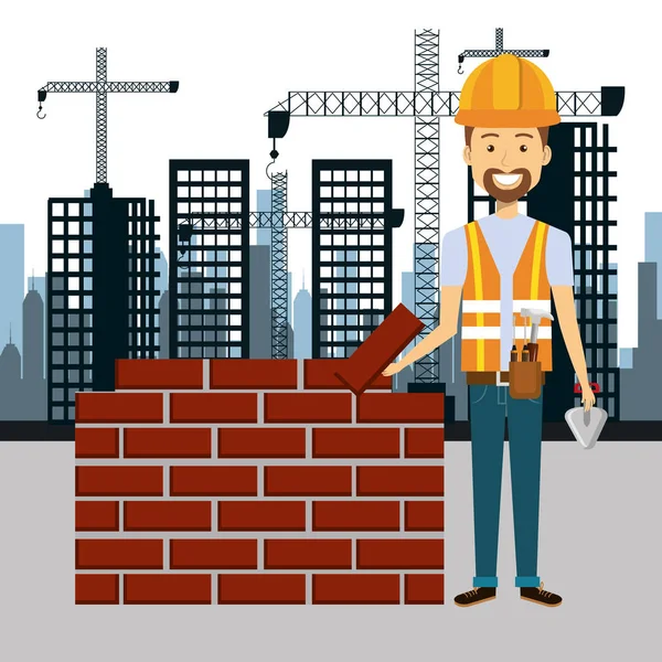 Professional construction man character with cityscape background — Stock Vector