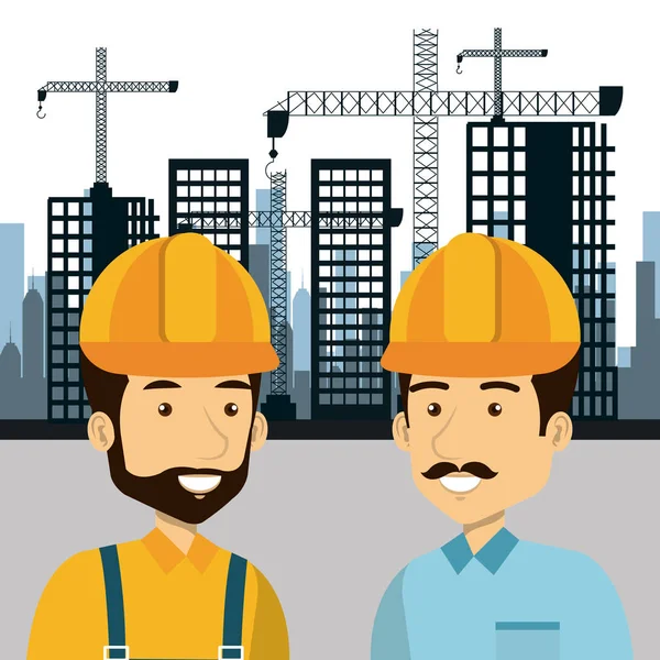 Professional construction people characters with cityscape background — Stock Vector