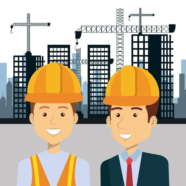 Professionelle Bauleute mit Stadtbild-Hintergrund — Stockvektor