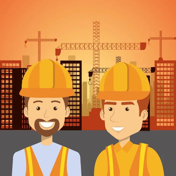 Profesionální stavební lidé znaků s pozadím panoráma — Stockový vektor