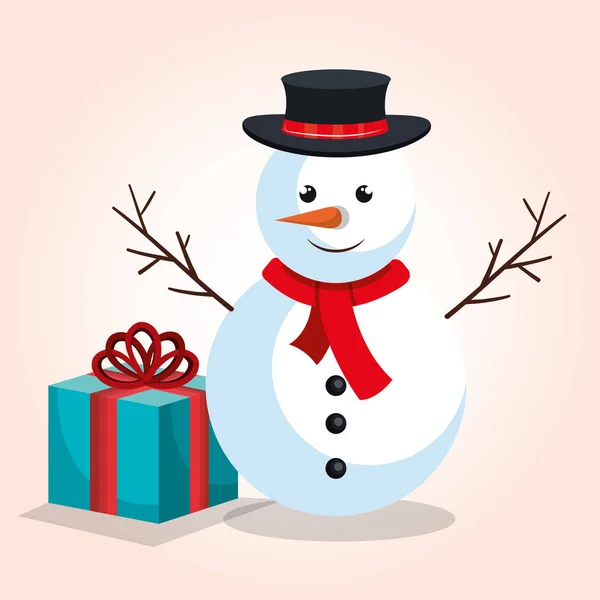 Snowman and gift blue bow design isolated — Stock Vector