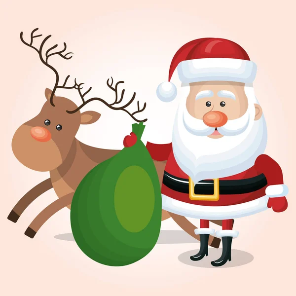 Santa Claus con bolsa verde y gráfico de renos aislado — Vector de stock