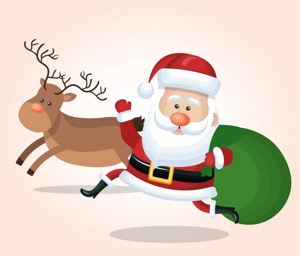 Alegre santa claus con renos y bolso regalo diseño aislado — Vector de stock