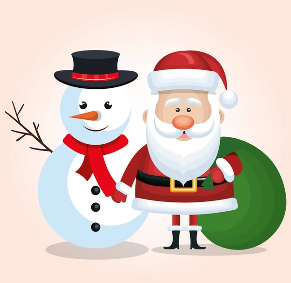 메리 크리스마스 눈사람, 산타 클로스 가방 선물 녹색 절연 — 스톡 벡터