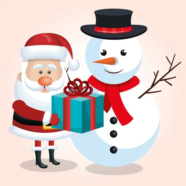 Feliz muñeco de nieve y claus snta con cinta de regalo azul aislado — Vector de stock