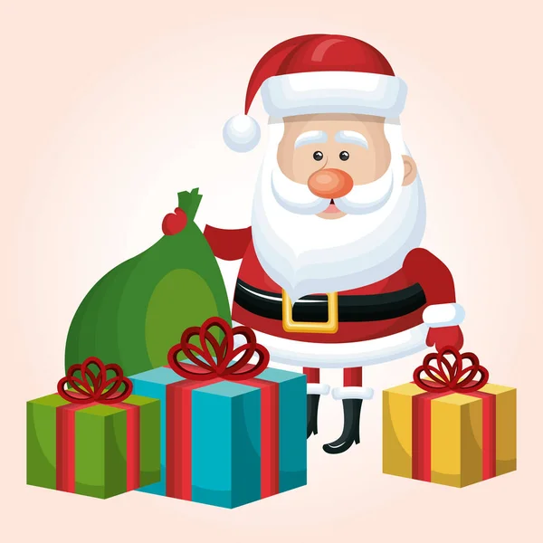 Karte frohe Weihnachten Weihnachtsmann Set Geschenk und Tasche flach isoliert — Stockvektor