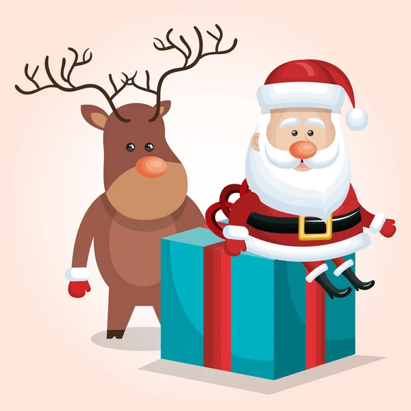 Милый Санта Клаус большой подарок с оленьим дизайном — стоковый вектор