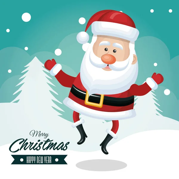 Santa claus merry christmas card white pine snowfall — Stock Vector