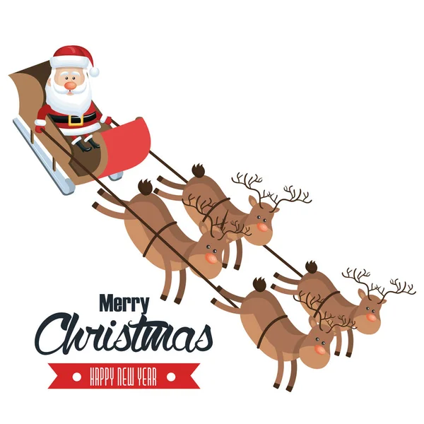 Vrolijk kerstfeest en gelukkig Nieuwjaar santa vliegende herten sleigh ontwerp — Stockvector