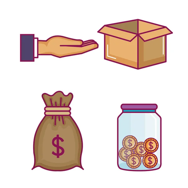 Iconos de crowdfunding establecidos con donaciones de ideas — Archivo Imágenes Vectoriales