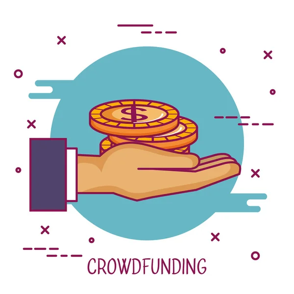 Crowdfunding mano celebración dinero moneda donación — Vector de stock